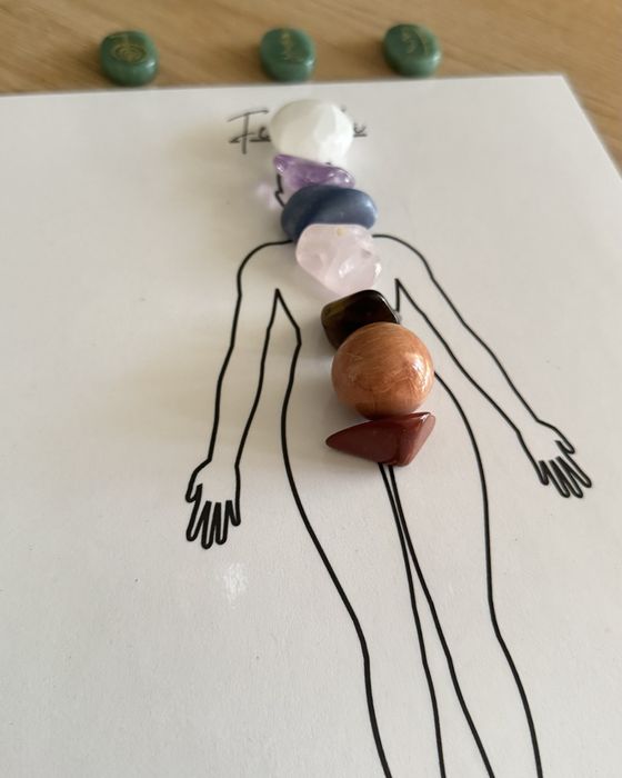 Körperumriss auf Papier mit Steinen entlang der Mitte, darüber drei grüne Reiki-Steine auf Holz